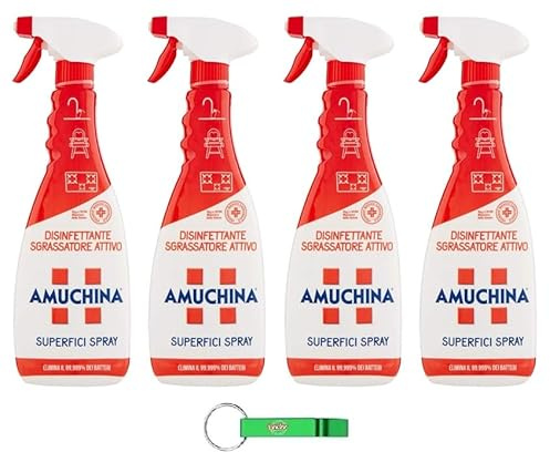 4 x Amuchina Sgrassatore Attivo Superfici spray, aktiv avfettning – tar bort upp till 100 % belagt fett – tvättmedelsspray 750 ml Beni Culinari gratis nyckelring