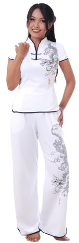 PRINCESS OF ASIA Asien Damen Frauen Drachen Yoga Trainingsanzug, Tai Chi, Hausanzug & Meditations Anzug Baumwolle S M L XL (Weiß, L-XL)