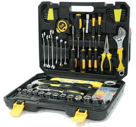 108-Piece Household Tool Kit for DIY & Home Repair – Complete Tool Set with Claw Hammer, Adjustable Wrench, Ratchet Wrench, Screwdrivers, Socket, Plier, and More in Portable Storage Case