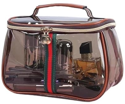 GLOLOOS New Retro Vintage Vanity Bag, Clear Makeup Organizer with Handle,Large Capacity Waterproof Makeup Organizer bag with Zipper,Travel Cosmetic & Skincare Storage Case for Ladies (Coffee)