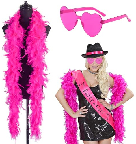 EDLMKM 1 Set Hot Pink Feather Boa 2M and Heart Rimless Sunglasses, Turkey Boa Feathers for Halloween, Christmas, Carnival, Concert, Cosplay, Bachelor Party, Wedding Centerpieces, Party Decorations