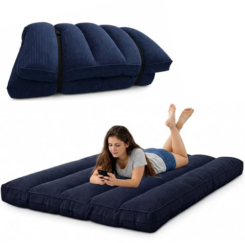 Futon Giapponese 2 Persone Comodo e Spesso, Prodotto in Francia, Sfoderabile, Ideale come Materassino Pieghevole, Tatami Giapponese–Letto Singolo, Cinghia di Fissaggio inclusa (140 x 190 cm,Blu Scuro)