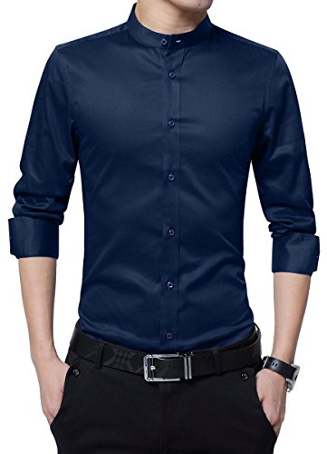 Camicia da Uomo, Colletto Alto, Slim Fit, a Maniche Lunghe, Business Nozze Formale Shirt Smoking Cotone Dunkel Blau