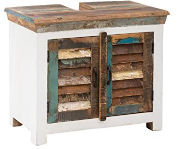Woodkings® Waschbeckenunterschrank Perth recyceltes Holz weiß bunt rustikal Lamellentür Waschtischunterschrank Badmöbel Badezimmer Badschrank Bad Unterschrank Massivholz