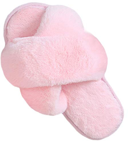 LZLER Women Fuzzy Fluffy Furry Slippers Fur Flip Flop Open Toe Slippers Cross Band Shoes Slides for Ladies House Home Indoor Outdoor(Pink,9)