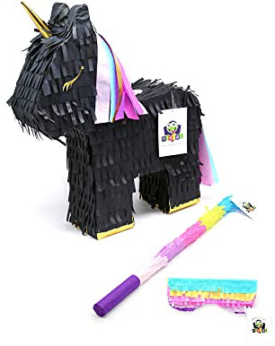 Einhorn Pinata Schwarz Set | Ideal als Pinata Geburtstag | Pinata Hochzeit | JGA Party | Geschenkidee | Party Dekoration oder Pinataspiel | inkl. Schlagstock und Augenmaske | u. 43x33x10