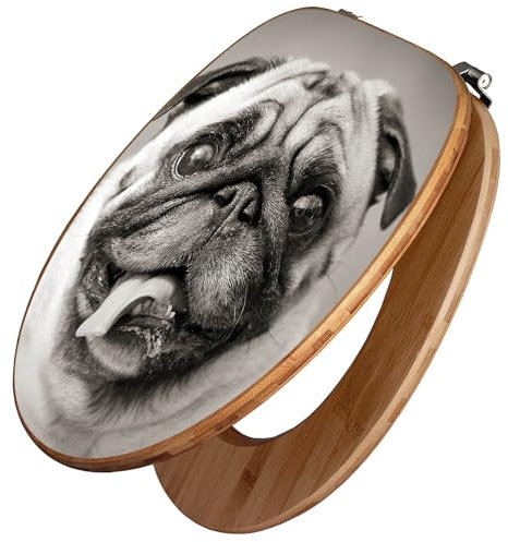 banjado Design WC Sitz Bambus 45x37,5cm / Toilettendeckel/Toilettensitz Bambus - hochwertiger Bambus Klodeckel/WC-Sitz Universal für alle gängigen Toiletten/Motiv Mops Porträt