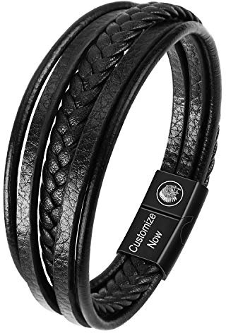 Casisto.J Pulsera Cuero Hombre - Pulsera Trenzada Hecha a Mano clásica en Negro y marrón con Cierre magnético Grabado Joyas Gratis en Caja