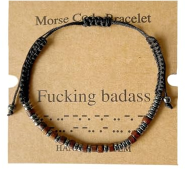 TESTRYE Morse Code Bracelets for Men Women,Morse Code Bracelets with Adjustable String,Inspirational Gifts Friendship Bracelets for Women Men Friends (Fucking badass)