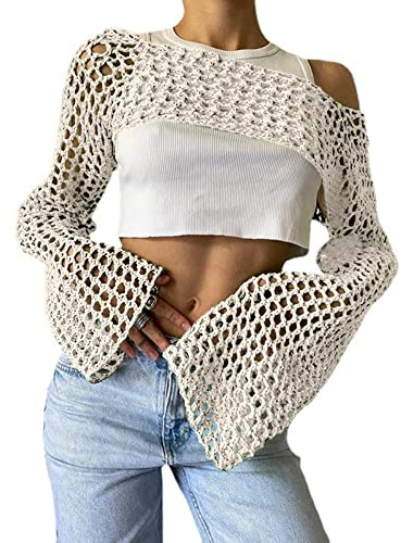Bnigung Suéter Corto de Malla de Ganchillo para Mujer, Sexy, Y2K, Hueco, de Punto, Transparente, para Cubrir el Bikini, Beige, S