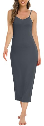 Vlazom Women's Nightdresses, Long Slip Dress for Ladies Soft Full Slip Petticoat Spaghetti Strap Chemises V Neck Nightgown Dark Grey,XL