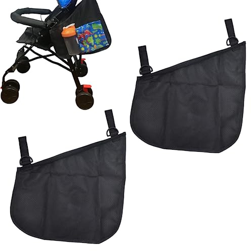 2 Pack Universal Baby Stroller Side Sling Mesh Cargo Net and Organizer, with Non-Slip and Adjustable Straps,Stroller Side Pocket Mesh Net Bag (Black)