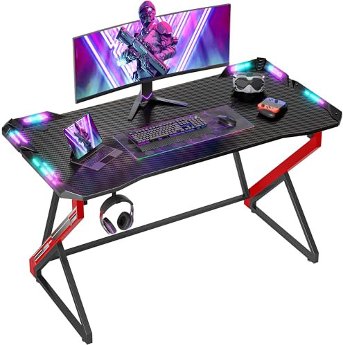 BEXEVUE Gaming Desk with LED Armor, 100x60 cm RGB Computer Desk with Carbon Fiber and Z Frame Design Gaming PC Desk with Head Phone Hook for E-sport Gamer Table, Easy Assemble Home Office desk, Black