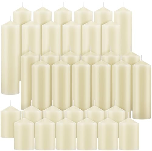 MTLEE 36 Pcs Pillar Candles Bulk Set of 3 Long Burning Wax Pillar Candles 2 in x 3, 6, 8 Inch Dripless Unscented Smokeless for Wedding Party Spa Lantern Fireplace Home(Ivory White)