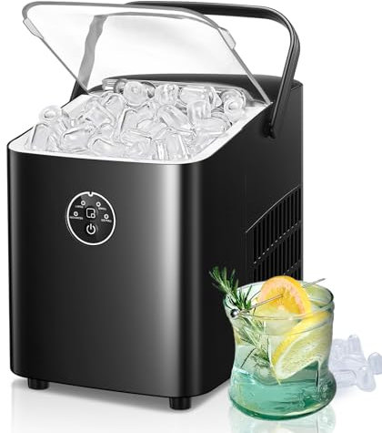 FOHERE Maquina de Hielo para Encimera, Máquinas para Hacer Hielo Portátil con Mango, Tamaño S/L, Cubitos Hielo/5min, 14Kg/24h, Con Función de Autolimpieza, Usar en Casa/Fiesta/Camping