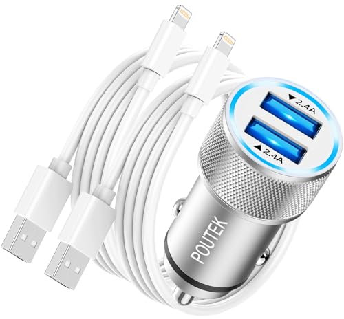 Zigarettenanzünder USB Auto Adapter, 2.4A Auto Ladegerät Handy mit 2X iPhone Ladekabel [MFi Zertifiziert], Kfz Ladegeräte Autoladegerät Zigarettenanzünder Stecker für iPhone 14 13 12 11 Pro Max/X/8/7