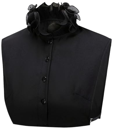 SAMHENG Ruffles Fake Collar for Women, Detachable Half Shirt Blouse False Collar, Elegant Double Wavy Pleated Chiffon Mock Neck Top for Sweaters Collarless Dress (Black)