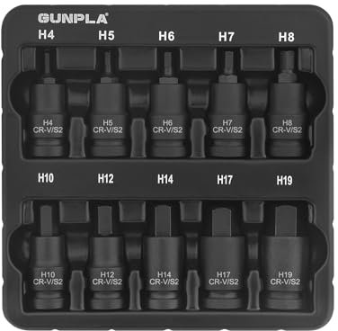 Gunpla 10pcs 1/2 inch Hex Impact Socket Bits Sets, Durable Allen Impacted Shallow Chrome Vanadium S2 Steel Phosphate Finished Drive Hexagonal Sockets Metric 4mm-19mm Tools Bit with Storage Tray