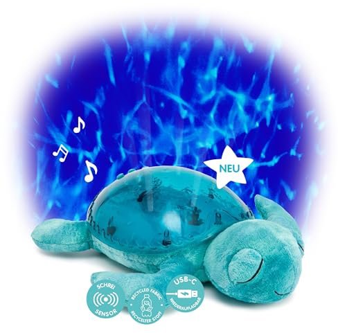 Cloud B Nightlight Musical Tranquil Turtle Recargable Aqua | Proyecciones submarinas | 4 sonidos relajantes | Brillo ajustable| Temporizador | Detector de llanto | Tejido reciclado