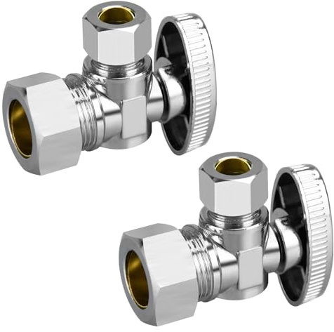 Valvole di arresto, confezione da 2 valvole di arresto angolare da 1/2 × 3/8, nominale 1/2 (5/8 OD Comp.) Ingresso angolare, uscita compressione OD 3/8, 1/4 di giro, ottone cromato per cucina,