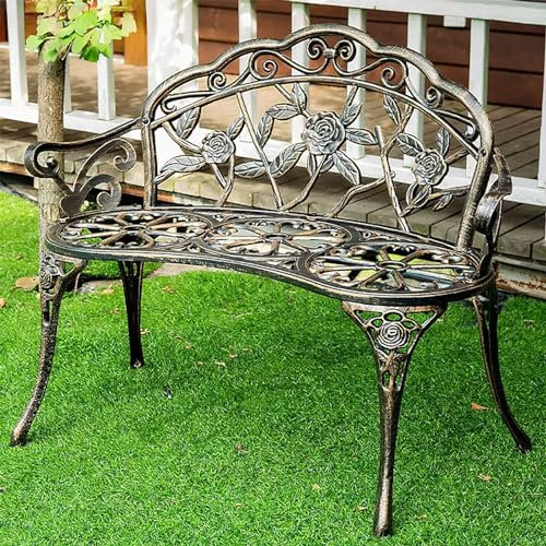 SORVA Banco de jardín de Metal con Respaldo, Banco de Parque Tallado, Silla de Banco para Exteriores, de 1 a 2 plazas, Asientos para Muebles de Patio, Marco de Aluminio Fundido a presión, impermea