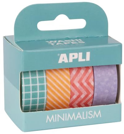 APLI 19839 - Pack cintas adhesivas decorativas - papel tipo WASHI TAPE - estampados minimalistas y colores pastel- 4 rollos- Cintas de 15 mm x 10 m