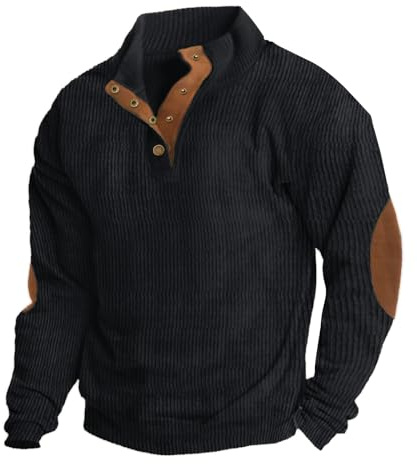 Hisir Mens Corduroy Sweatshirts Henley Neck Snap Buttons Stand Collar Long Sleeve Winter Sweatshirt Tops