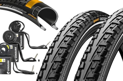 2x Fahrradreifen 1.75 x 28 Zoll, 47-622 Continental RIDE Tour Pannengürtel Drahtreifen Reflexstreifen + 2x Fahrradschlauch 28 Zoll mit AV, DV, SV 40mm (AV Autoventil)