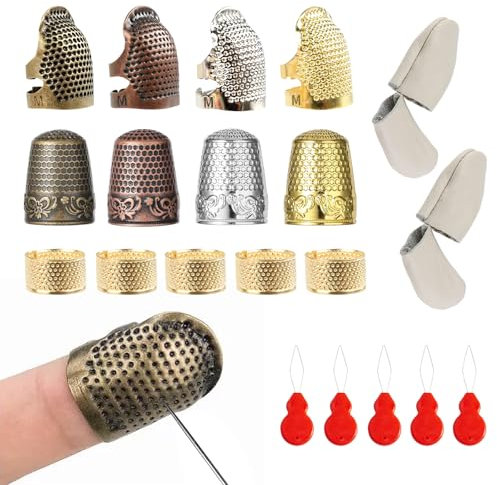 KATIMI 20 Stück Fingerhut Set, Einstellbare Fingerhut Nähen mit 2 Paar Leder Daumen Schützer, Sewing Thimble Ring Fingerhut zum Nähen, Nähfingerhut Fingerschutz für Haushalt Fingerlinge (4 Farben)