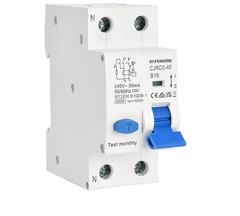 FI/LS-Schalter, Elektromagnetisch Fehlerstromschutzschalter, FI-Schutzschalter mit RCBO 16Amp RCD-geschützter Leistungsschalter, 230V, 1P+N 6kA, Typ A, 0,03A, B16, Kurve B