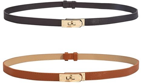 UxClishe 2 Pack Women Skinny Leather Belt, Adjustable Slim Thin Waist Belt Alloy Turn Lock Ladies Fashion Waistband Decorative Belt Classic Solid Color Belts for Jeans Pants Dresses Coat
