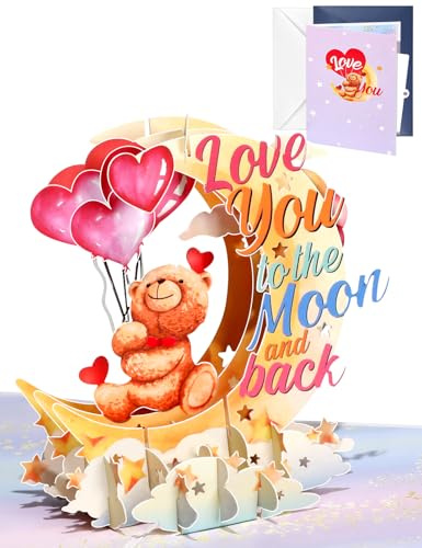JMHACHY Pop Up Valentine's Card - Cute Teddy Bear 3D Anniversary Cards with Envelopes, Heart-shaped Balloons Love You to The Moon and Back Card for Wife Husband Him Her Boyfriend Girlfriend