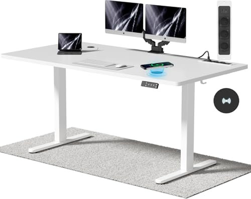 Airfish Höhenverstellbarer Schreibtisch mit Kabelloser Ladestation und Steckdose mit USB 160 x 80cm Computertisch Elektrisch Stehtisch mit 3-Funktions-Memory und Funktion zur Ermüdungs-Erinnerung