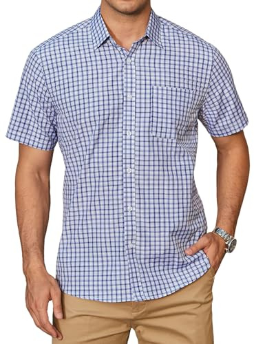 HISDERN Mens Checked Shirt Short Sleeve Blue Plaid Shirts for Mens Summer Casual Formal Business Button Down Gingham Checkered Work Regular Fit with Pocket L