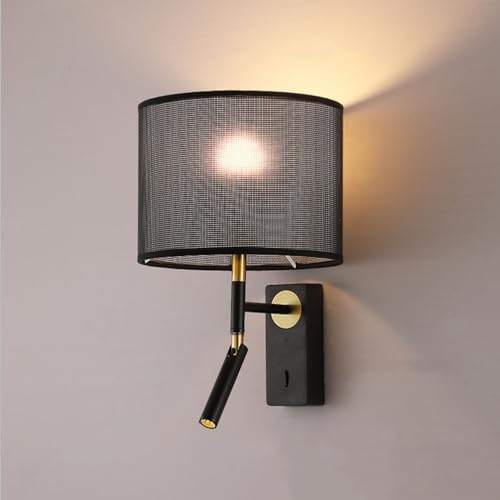 Lámpara de pared de dormitorio con lámpara de lectura giratoria LED 3000K Luz de pared interior con interruptor E27 Lámpara de cama de aluminio en la lámpara de rejilla de hierro negro 2 lámpara de