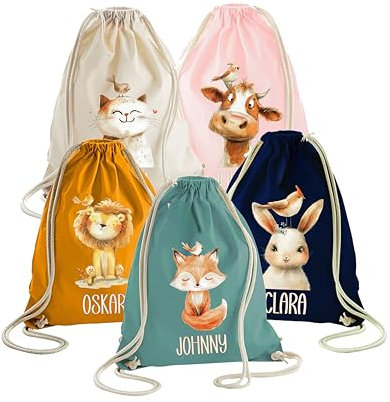 wolga-kreativ Turnbeutel mit Namen – Tiermotiv Löwe Bär Giraffe Affe Fuchs Katze – Jutebeutel Kinder Baumwolle mit Kordelzug – Sportbeutel Kinder personalisiert – Wechselbeutel & Schwimmtasche
