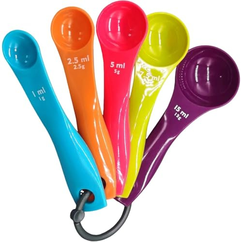 Set di 5 cucchiai dosatori, cucchiai dosatori, grammo, diverse capacità, con cucchiaio in plastica colorata