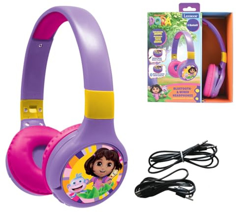 LEXIBOOK, Dora the Explorer, 2-in-1 Bluetooth & Wired Headphones with Microphone and Control Button, Foldable and Adjustable, Long-lasting Rechargeable Battery, HPBT010DOR