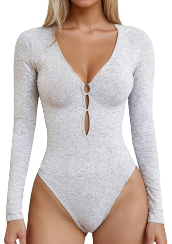 Curvphilo Women Deep V Neck Long Sleeve Bodysuit with Cutout Body-hugging Slimming Bodysuit Casual Stretchy Basic Bodysuit Tops