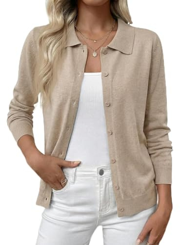 Cicy Bell Chaqueta de punto para mujer, corta, ligera, manga larga, cárdigan fino, elegante, cuello redondo, informal, básico, chaleco de punto con botones, caqui, L