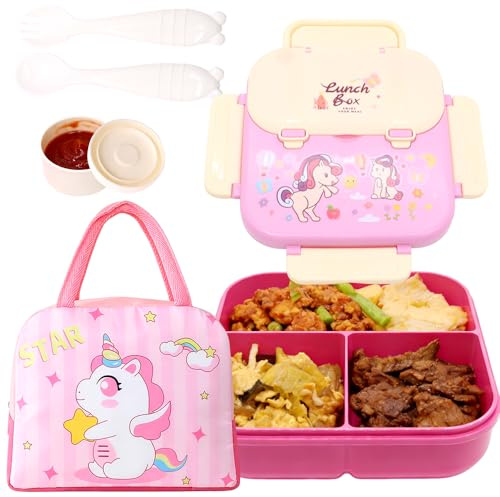 Unicorno Scatole Bento Kit, Porta Pranzo Lunch Box con Borsa Termica Posate Schiscetta Pranzo con Scomparti Borse Frigo Pranzos Bento Box Studente Portapranzo Portatile per Picnic Scuola Uffici