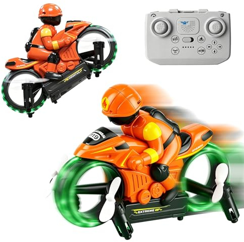 HUAJUN Motocicleta de acrobacia teledirigida 2,4 G, 2 en 1, avión no tripulado y aéreo, giro de 360°, vuelo flotante automático, modo sin cabeza, iluminación LED, función de carga USB