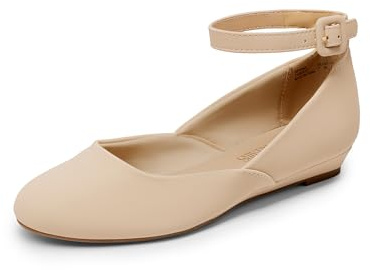 DREAM PAIRS Women's Ballet Flats Pumps Ballerina Ankle Strap Elastic Low Wedge Sandals Round Toe Comfy Dolly Shoes,Size 6,Nude/Nubuck,REVONA