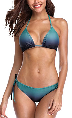 CharmLeaks Wome Gradient Color Bikini Swimwear Halter Two Piece Swimming Costume, L(UK 12), Green Gradient Color
