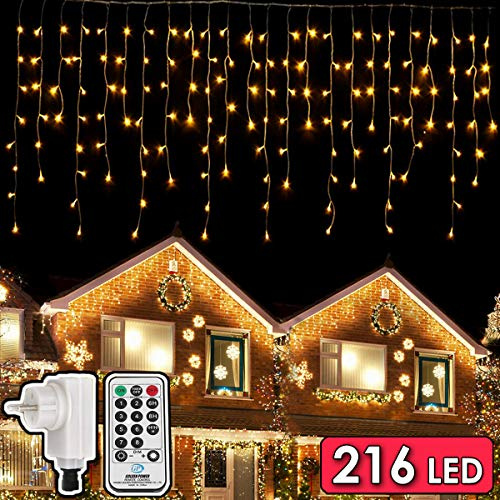 216 LEDs Tenda Luminosa, 5.5M Luce Stringa Catene Luminose, 8 Modalità Luci cascata Strisce LED, Barriera Fotoelettrica Decorare Interni Esterni Finestra Patio Giardino Natale Halloween, Bianco Caldo