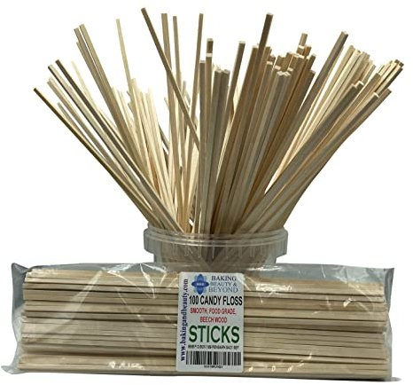 Baking Beauty and Beyond Cotton Candy Food Grade Square Birch Wood Sticks - Floss, Sturdy, Smooth, and Eco-Friendly Food Safe Wooden Skewers for Floss Making or Crafts, 100 Pieces, 11 Inch (275mm)