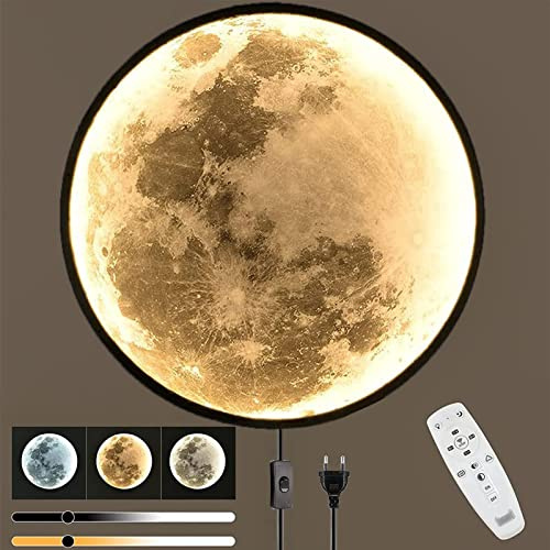 80 cm Extra Groß Mond Lampe Wandleuchte LED Dimmbar mit Fernbedienung Art Deco Wohnzimmerlampe 45W Wandlampe mit Schalter und Stecker LED Wand Deko Mond 3D-Effekte Runde Wandbeleuchtung mit Deko
