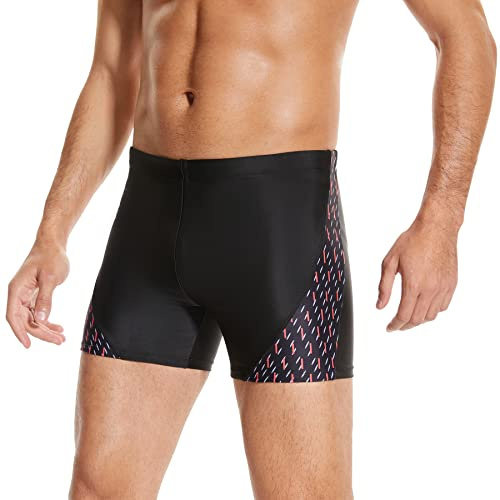 WHCREAT Bañadores de Hombre, Traje de Baño de Secado Rápido Pantalones Cortos de Natación Elásticos, Negro Rojo, L