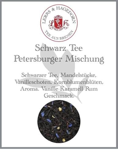 Lerbs & Hagedorn, Schwarz Tee Petersburger Mischung | Vanille-Karamell-Rum Geschmack 250g (Ca. 20 Liter) Mandelstücke, Vanilleschoten