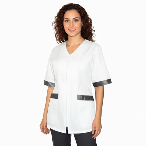 Camici da Lavoro Donna con Zip,Casacca,a Scelta tra 4 Colori, Estetista,parrucchiera, MAESTRA Asilo,Alimentari (Bianco Inserto Laminato Nero, L)